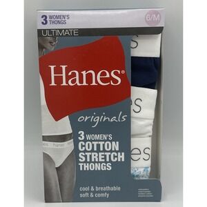 HANES 3 PK Originals Women's Cotton Stretch Thongs Underwear 6/M Navy/White